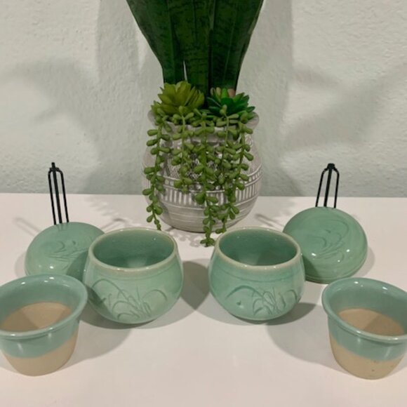 VINTAGE ASIAN CELADON COMPLETE TEACUP SET of 2 (6 pieces total) - Picture 1 of 9